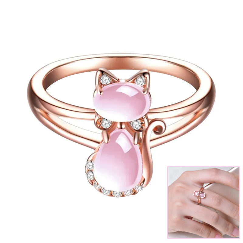 Rose Gold Plated Crystal Cute Animal Cat Ring Hibiscus Stone Crystal Diamond Ring Women Party Jewelry For Pet Lovers